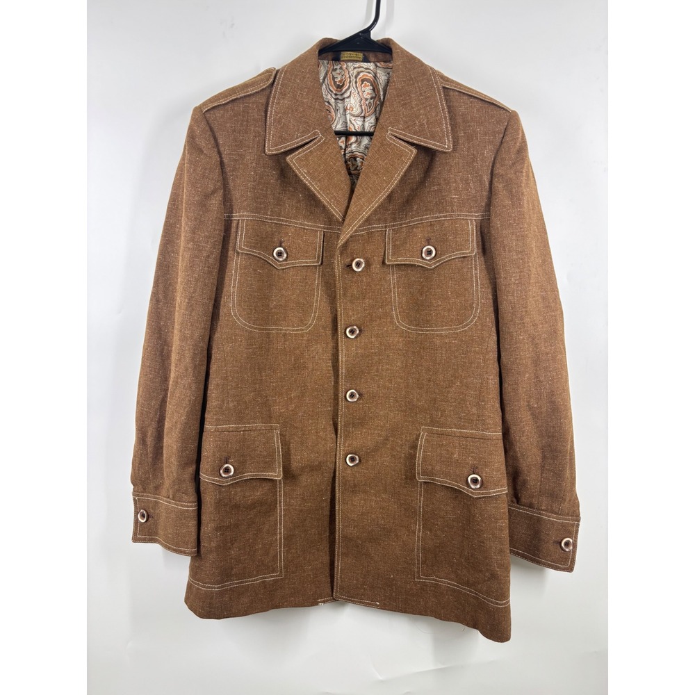 Vintage 70s Brookfield Safari Jacket Brown Contrast Stitch Wool Blend Union M